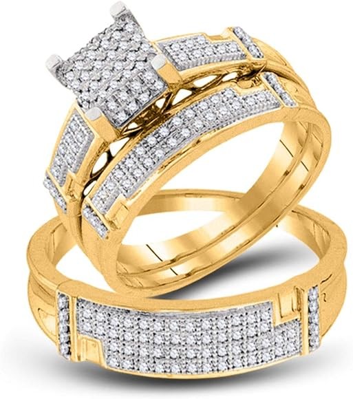 Diamond Trio Set Solid 10k Yellow Gold His Hers Square Matching Wedding Bands Bridal Engagement Ring 1/2 Ctw. (.50 Ctw.)